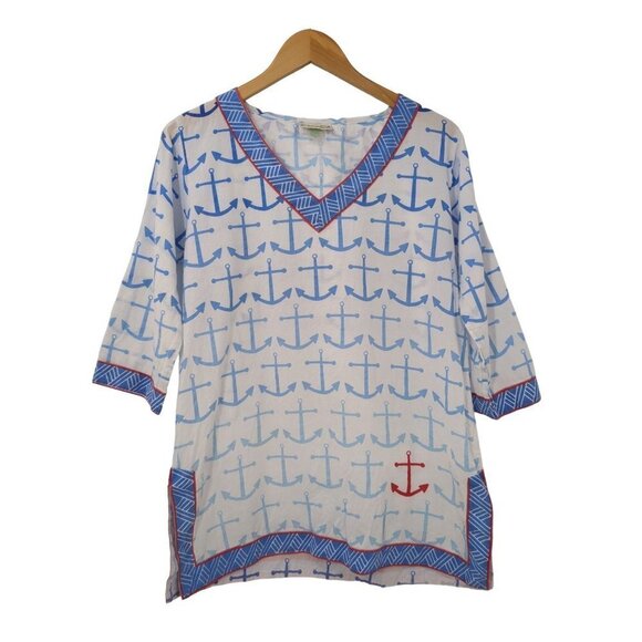 EcoAccents Tunic Top Cover Up Womens Medium Nautical Anchor Print 3/4 Sleeve - Picture 1 of 9